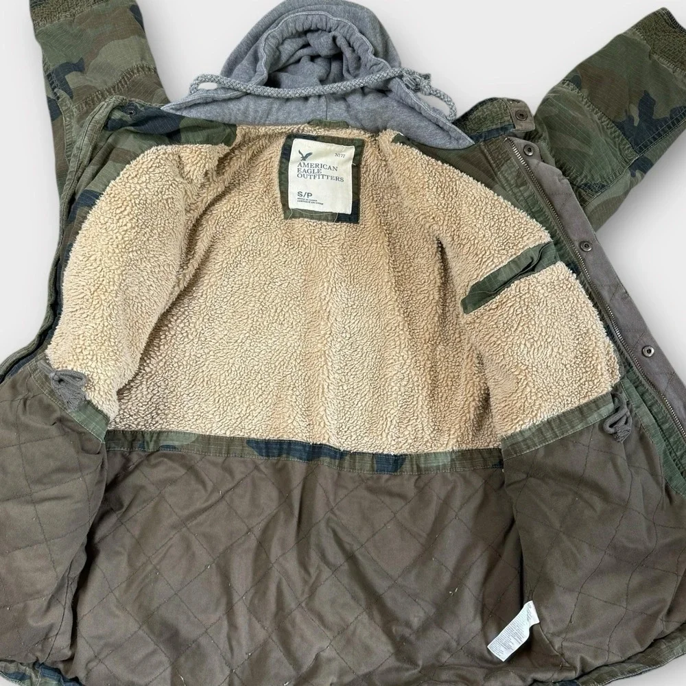 American Eagle Mens Camo Field Jacket Sherpa Lined Hooded Military Utility Small